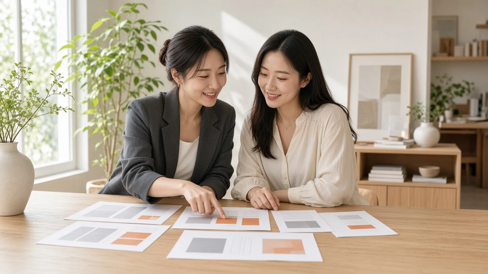 디자인 시안을 함께 검토하는 천사웹 제작팀